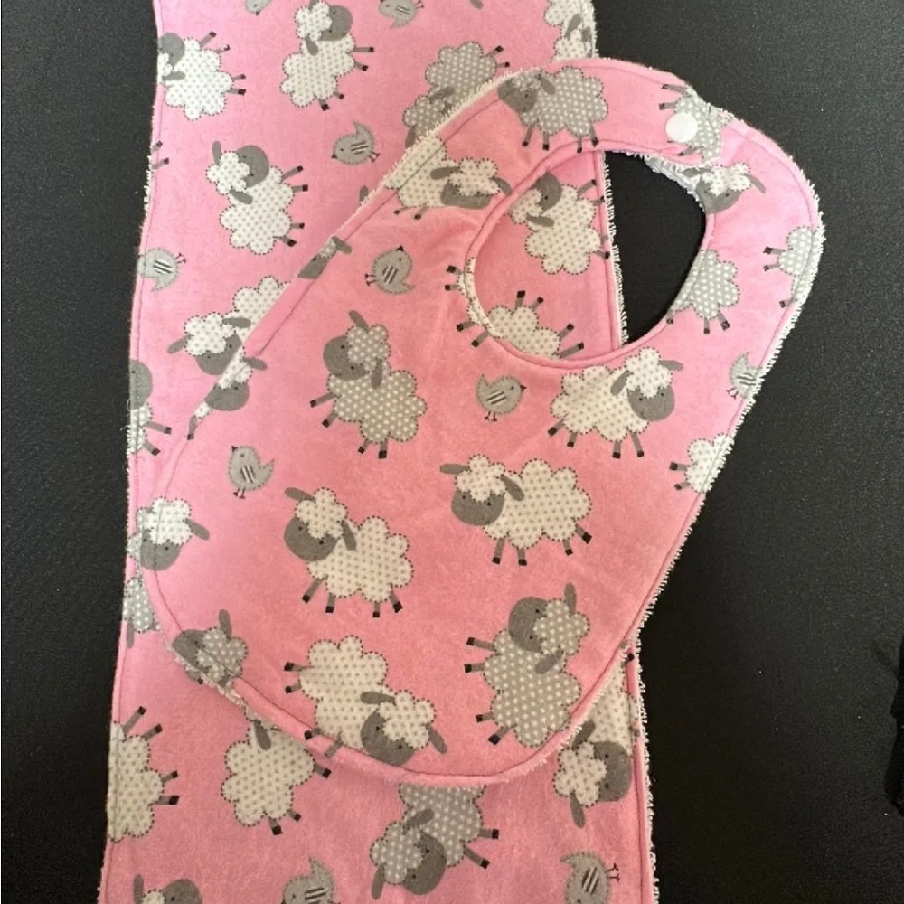 Pink Sheep Pattern Baby Bib and Burp Cloth Set